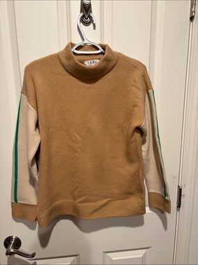 Camel Crewneck Sweater with Cream Sleeves and Green Stripe
